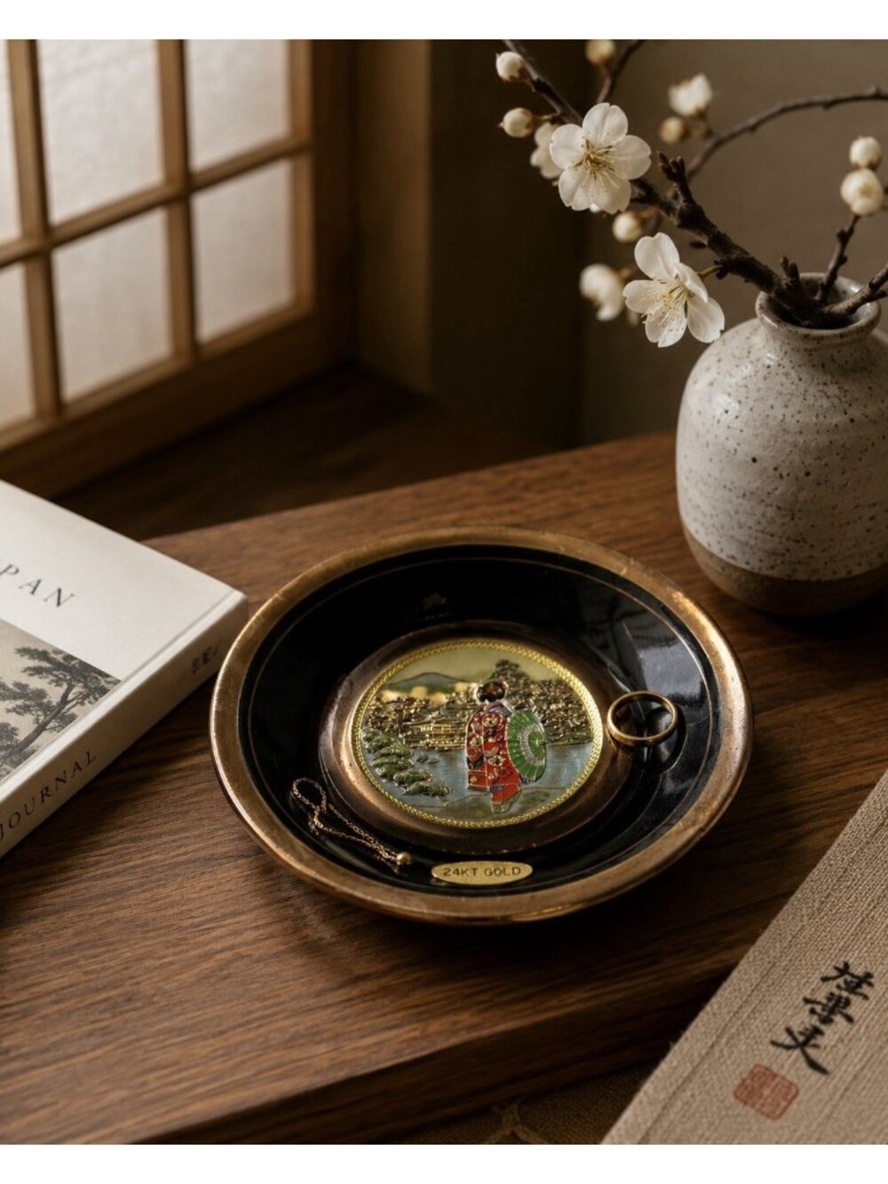 Vintage Chokin Art Japan 24KT Gold Geisha Decorative Plate Black Gold Made Japan